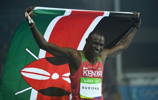 Kenya's David Rudisha, in a file image, celebrates his victory in the men's 800m final during the athletics event at the Rio 2016 Olympic Games at the Olympic Stadium in Rio de Janeiro