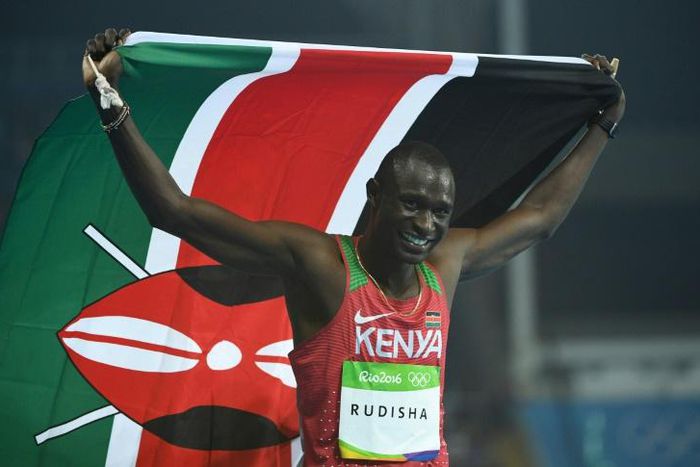 Kenya's David Rudisha, in a file image, celebrates his victory in the men's 800m final during the athletics event at the Rio 2016 Olympic Games at the Olympic Stadium in Rio de Janeiro