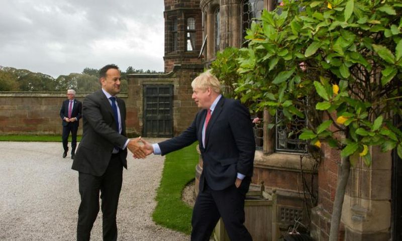 Britain's Prime Minister Boris Johnson (R) met Ireland's Taoiseach, prime minister, Leo Varadkar (L) near Liverpool to seek a pathway to a possible Brexit deal