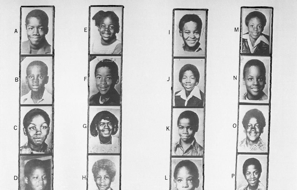 Pictures of the missing and murdered children in Atlanta. Patrick Balthazars photo is designated by the letter F.