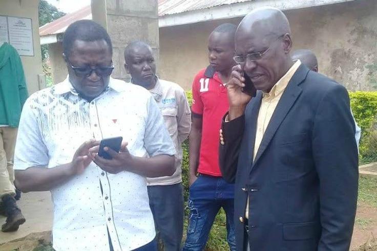 Ikolomani MP Berard Shinali condoles with Former Kakamega Senator Boni Khalwale at his home where he announced the death of his first wife Adelaide on Saturday