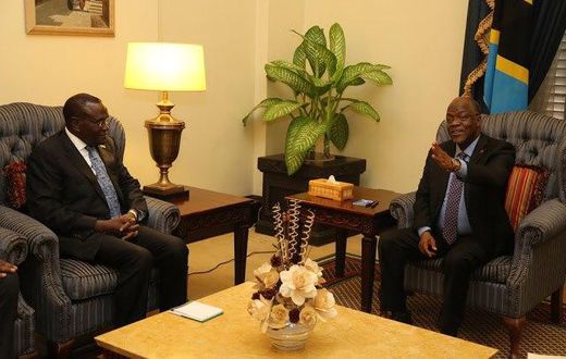 Tanzanian President John Magufuli (right) during talks with Health CS Cleopa Mailu in Tanzania.