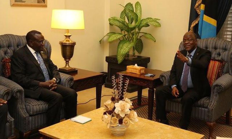 Tanzanian President John Magufuli (right) during talks with Health CS Cleopa Mailu in Tanzania.