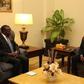 Tanzanian President John Magufuli (right) during talks with Health CS Cleopa Mailu in Tanzania.