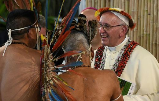 Pope Francis met representatives of indigenous communities of the Amazon basin from Peru, Brazil and Bolivia during his vist to Peru last year