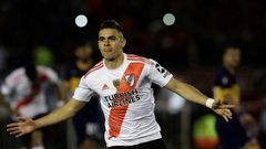 River Plate's Colombian Rafael Santos Borre celebrates after scoring a penalty against Boca Juniors during their all-Argentine Copa Libertadores semi-final first leg football match at the Monumental stadium in Buenos Aires, on October 1, 2019.