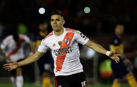 River Plate's Colombian Rafael Santos Borre celebrates after scoring a penalty against Boca Juniors during their all-Argentine Copa Libertadores semi-final first leg football match at the Monumental stadium in Buenos Aires, on October 1, 2019.