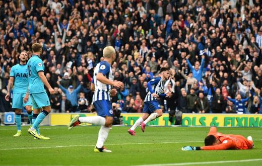 Brighton's Aaron Connolly (second right) celebrates his second goal against Tottenham