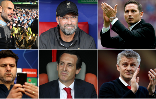 Managers of EPL Teams, from top left to right, Pep Guardiola, Jurgen Klopp, Frank Lampard, mauricio pochettino, unai emery and Ole Gunnar Solskjær.