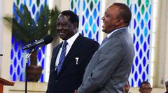 President Uhuru Kenyatta and former PM Raila Odinga during 40th commemoration of Mzee Jomo Kenyatta's death. Members of the public invited for 41st commemoration at Holy Family Basilica