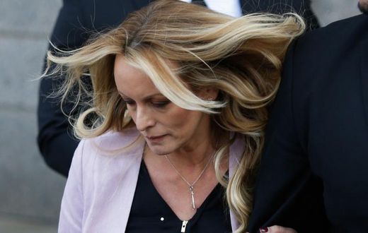 Adult-film actress known as Stormy Daniels, pictured here exiting the US Federal Court in New York in April 2018, has won $450,000 in a lawsuit settled with the city of Columbus, Ohio