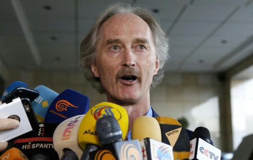 United Nations special envoy to Syria Geir Pedersen speaks to journalists upon his arrival in the Syrian capital Damascus on September 22, 2019. Pedersen is set to meet with Syria's Foreign Minister Walid Muallem tomorrow for fresh talks on forming a c...