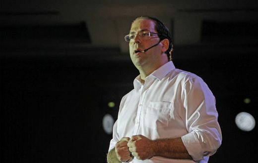 Tunisian prime minister and presidential hopeful Youssef Chahed speaks during an election campaign in the capital Tunis on September 2, 2019