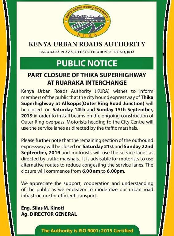 KURA alerts motorists on 4 days when parts of Thika Superhighway will remain closed