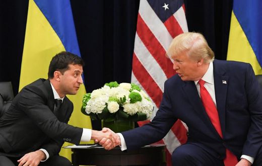 US President Donald Trump and Ukrainian President Volodymyr Zelensky shake hands during a meeting in New York on September 25, 2019, on the sidelines of the United Nations General Assembly