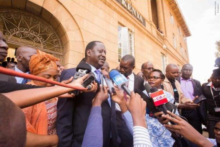 NASA leader Raila Odinga speaks to the press outside the Court of Appeal moments after the court instructed the release of the doctors' union officials.