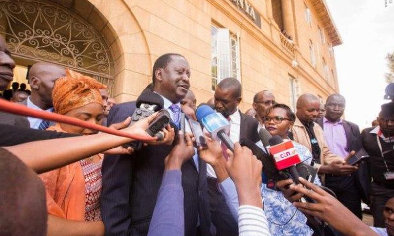 NASA leader Raila Odinga speaks to the press outside the Court of Appeal moments after the court instructed the release of the doctors' union officials.