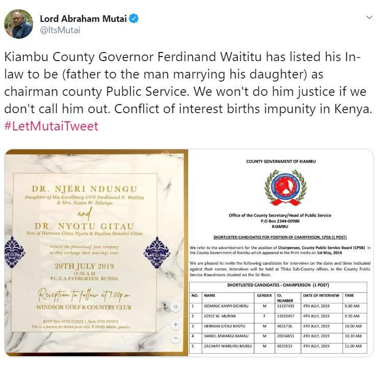 Governor Waititu appoints in-law, Herman Gitau Nyotu, for top Kiambu county job