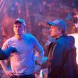 The Russo Brothers (Joe and Anthony Russo) alongside Tom Hiddleston on the set of Avengers: Infinity War.