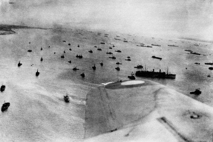 An aerial view of the Allied fleet off the Normandy coast on D-Day, June 6, 1944, the biggest naval operation ever in terms of the number of ships deployed