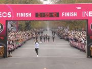 Eliud Kipchoge crosses the finish line at the INEOS challenge