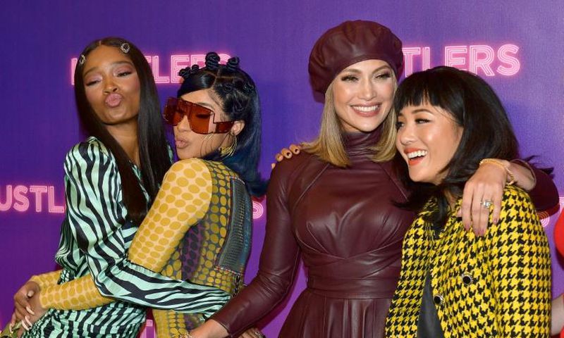 'Hustlers' stars (L-R) Keke Palmer, Cardi B, Jennifer Lopez, and Constance Wu as strippers who turn the tables on wealthy businessmen during the financial crisis