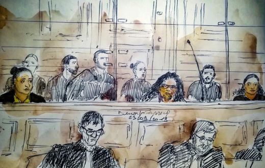 A court sketch made on September 23, 2019, in a Paris courthouse shows, from left to right, Ines Madani, Ornella Gilligmann and Sarah Hervouet, arrested after a failed attempt to set off a car bomb at Notre-Dame Cathedral in Paris in September 2016.