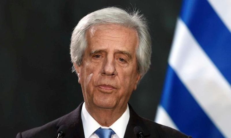 Uruguayan President Tabare Vazquez -- seen here speaking to reporters in Mexico City in November 2017 -- is battling lung cancer