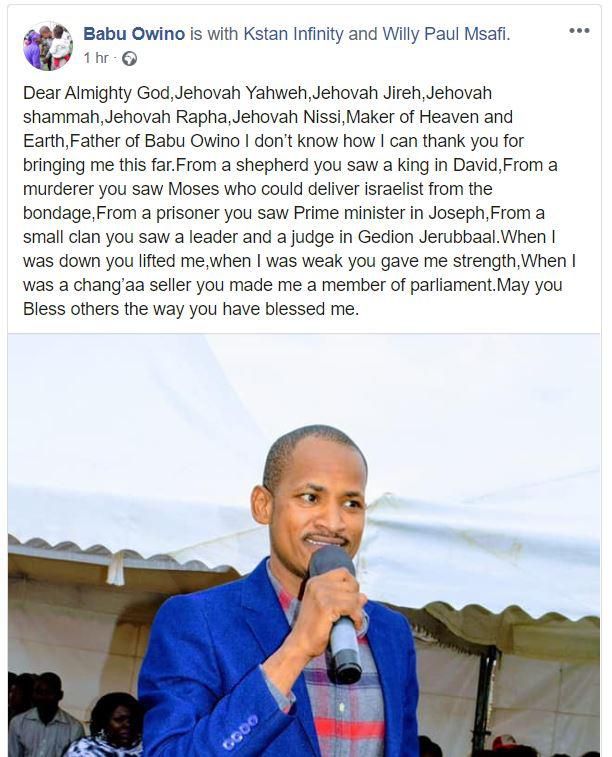 When I was a chang'aa seller, you made me MP - Embakasi East MP Babu Owino's hilarious prayer