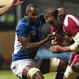 Namibia scrum-half Eugene Jantjies (R) playing against Georgia in the 2015 Rugby World Cup in England