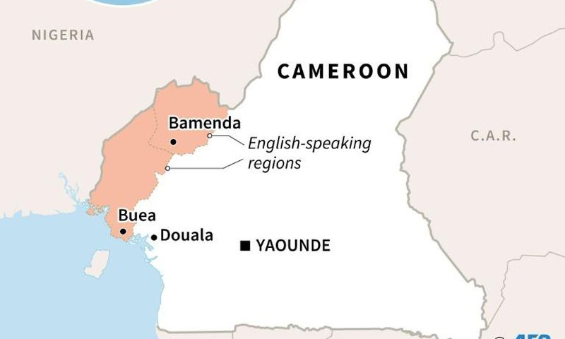 Map of Cameroon locating English-speaking regions and their capitals, Bamenda and Buea.