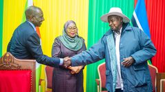 President William Ruto, Tanzanian President Samia Suluhu and Ugandan President Yoweri Museveni (left) during the 23rd Ordinary Summit of the EAC Heads of State in Arusha, Tanzania on November 24, 2023.