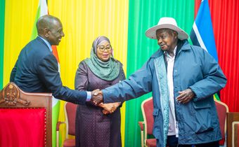 President William Ruto, Tanzanian President Samia Suluhu and Ugandan President Yoweri Museveni (left) during the 23rd Ordinary Summit of the EAC Heads of State in Arusha, Tanzania on November 24, 2023.