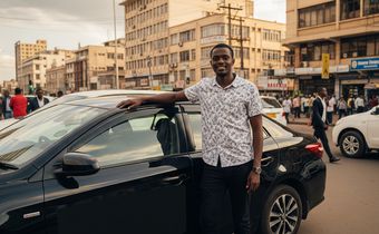 An AI-generated image of a man standing next to his car