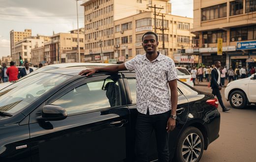 An AI-generated image of a man standing next to his car