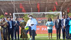 President Yoweri Museveni kicks the ball at Kololo Kampala which hosts CHAN 2024 matches