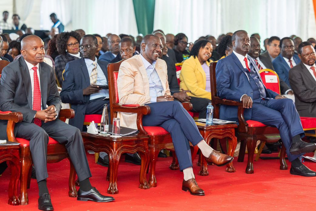 President William Ruto, ODM leader Raila Odinga and Deputy President Kithure Kindiki at a Kenya Kwanza-ODM joint parliamentary group meeting in Karen