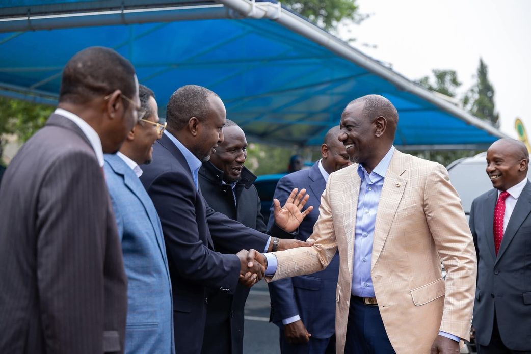 President William Ruto arrives at a Kenya Kwanza-ODM joint parliamentary group meeting in Karen