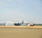 Military aircraft codenamed ENIGMA01 bearing the remains of the former Prime Minister lands in Kisumu and is accorded a water canon salute