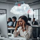 An AI-generated image of a woman worried in an office