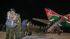 Interior Cabinet Secretary Kipchumba Murkomen flagging off the third contingent of 217 officers at JKIA in Nairobi on Saturday, January 18, 2025.