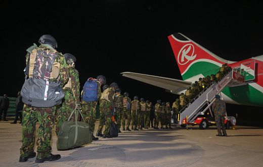 Interior Cabinet Secretary Kipchumba Murkomen flagging off the third contingent of 217 officers at JKIA in Nairobi on Saturday, January 18, 2025.