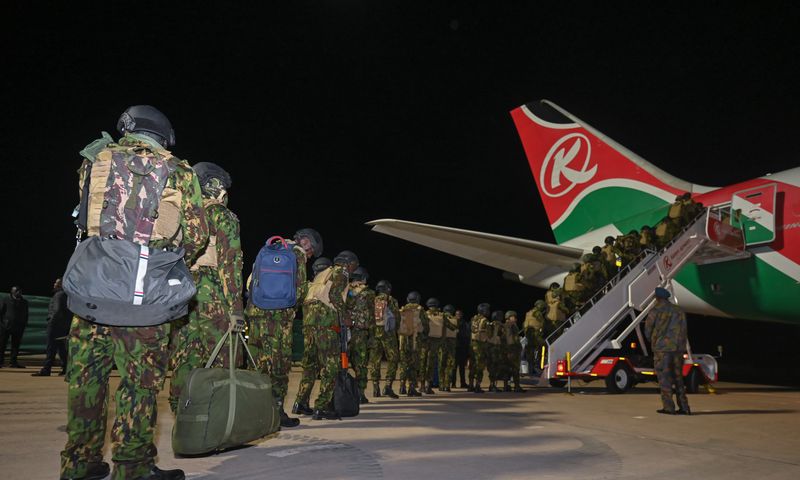 Interior Cabinet Secretary Kipchumba Murkomen flagging off the third contingent of 217 officers at JKIA in Nairobi on Saturday, January 18, 2025.