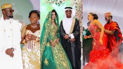 A collage image of Prince Indah with his wife Winnie Nya Migori, Zakir Khosla with his bride and Designer Bolo Bespoke with his wife Mueni on their wedding day