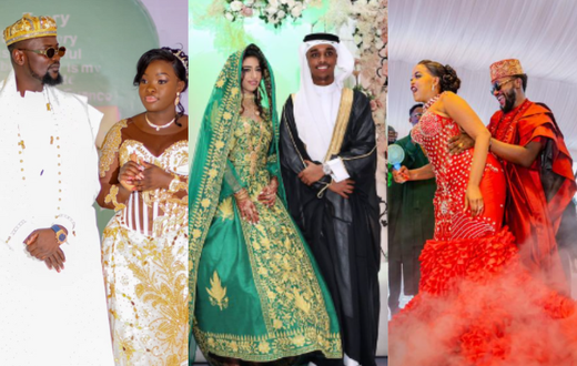 A collage image of Prince Indah with his wife Winnie Nya Migori, Zakir Khosla with his bride and Designer Bolo Bespoke with his wife Mueni on their wedding day