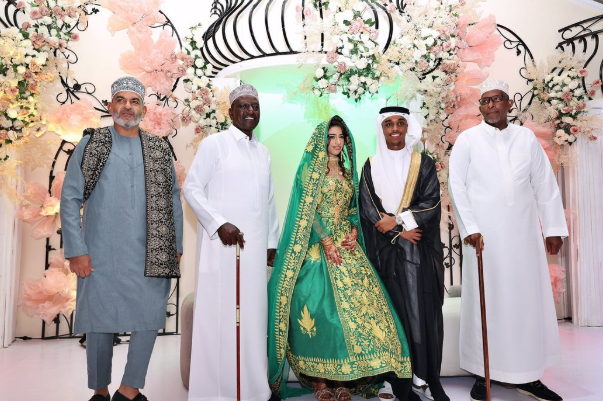 Mombasa Governor Abdulswamad Nassir, President William Ruto and CS Aden Duale posing for a photo with Zakir and his bride