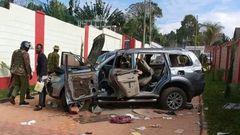 An EACC vehicle vandalised during a raid at Governor George Natembeya's home in Kitale