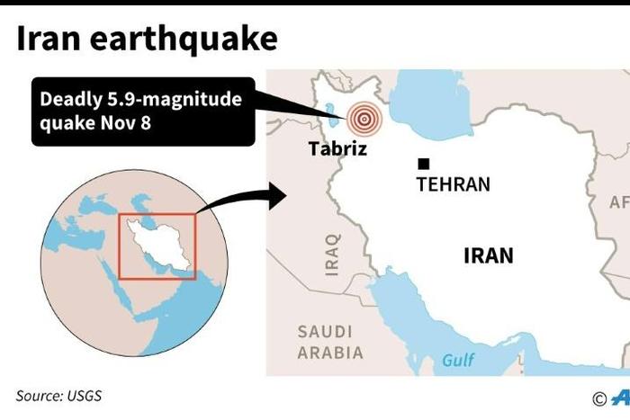 Map locating the town of Tabriz in Iran's East Azerbaijan Province near where a shallow 5.9-magnitude earthquake struck early Friday