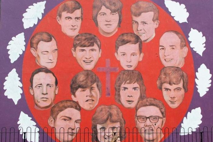 A mural commemorates the victims of the 1972 "Bloody Sunday" killings in the Bogside area of Londonderry (Derry), Northern Ireland
