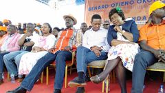Maina Kamanda, Kivutha Kibwana,Anne Waiguru, Raila Odinga, Alfred Mutua and Charity Ngilu at a campaign rally for Bernard Imran Okoth in Kibra